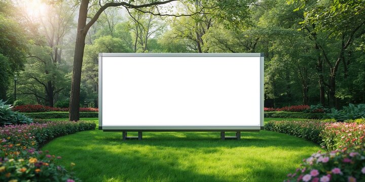 Empty advertising panel in a garden environment, functioning as a visual backdrop for promotional content - Powered by Adobe