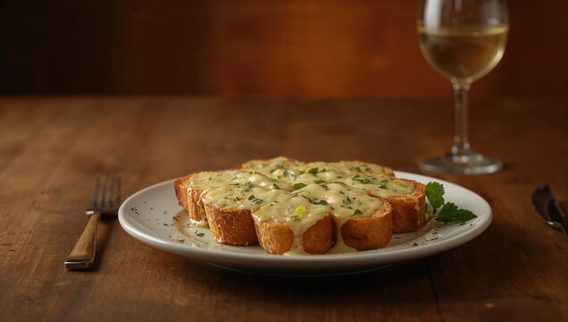 Cheese-spread garlic toast placed on a wooden serving plate, highlighting carbohydrate-rich snack, consumed during casual meal, International Day of Food Safety