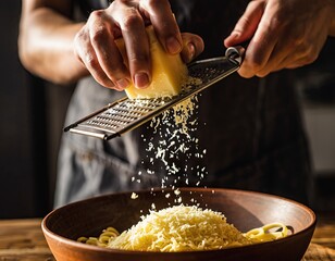 Close up of hands grating hard yellow cheese onto pasta in a rustic wooden bowl with dramatic lighting