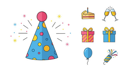 Colorful Party Icons - Hat, Cake, Gifts, Champagne, Balloon, and Confetti.