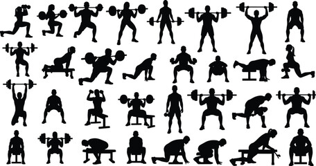 Bodybuilding and Fitness Training Silhouettes Collection: Weightlifting, Squats, Lunges, Bench Press, Workout Poses for Gym, Exercise, Health, and Sport Concepts, Vector Isolated Set of Athletes.