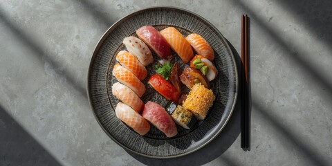 An overhead view of assorted sushi rolls including shrimp, salmon, tuna, eel, serving as a food layout background