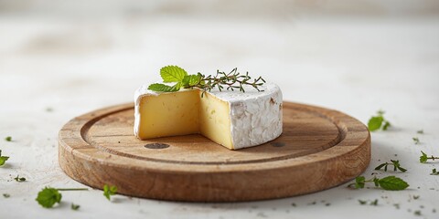 Brie cheese paired with mint and thyme, highlighting fresh herb addition in cheese presentation