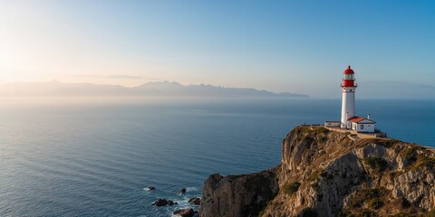 Lighthouse perched on sea cliffs with distant Moroccan mountains, serving as a navigation aid at Europa Point near the Gibraltar Strait