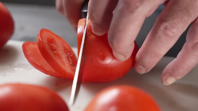 A hand holds a ripe tomato while a knife begins to slice through it on a board. Kitchen preparation scene highlighting fresh ingredients and safe cutting.