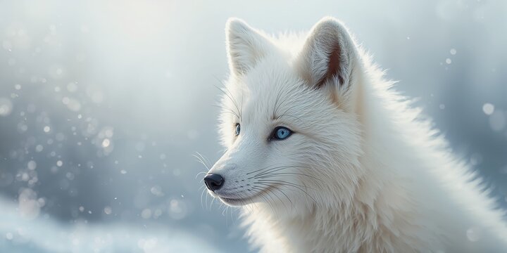 Close-up of a Vulpes lagopus in snowy terrain, highlighting natural camouflage during winter