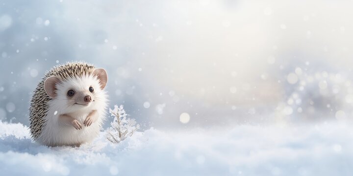 Large white albino hedgehog with big ears on a snowy winter background, highlighting wildlife awareness day