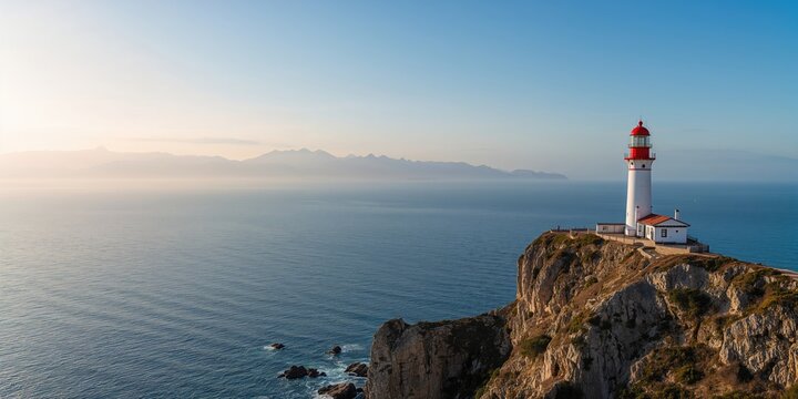 Lighthouse perched on sea cliffs with distant Moroccan mountains, serving as a navigation aid at Europa Point near the Gibraltar Strait