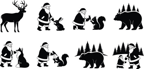 Set of Santa Claus and Wild Animal Silhouettes, Christmas Illustrations with Deer, Fox, and Bear Isolated for Holiday Design