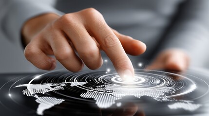 Finger touching digital world map, creating radiating connections over global network, showing interactive holographic data and future communication technology concept