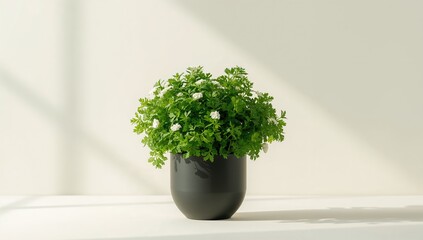Cilantro plant cultivated inside in a black container, used as a background for layout or informational graphics