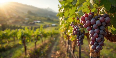 Obraz premium Grape vineyard and winery landscape, seasonal harvest activity, Earth Day