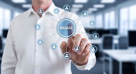 Businessman interacting with a digital network interface featuring a central manage icon connected to multiple user profiles in a modern office setting for team leadership concepts