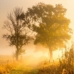 Obraz premium Golden morning mist in a field. Two trees stand silhouetted in the soft light