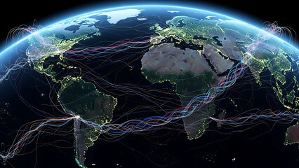 A vibrant view of earth at night showcasing global network connections