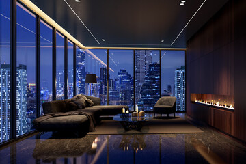 Ultra-luxurious, dark, and modern living room in a high-rise penthouse, featuring a stunning panoramic city skyline view at night. The room includes a contemporary fireplace and subtle linear lighting