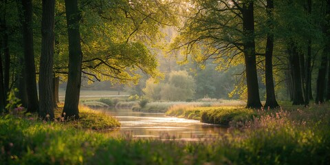 Obraz premium Great afternoon light in the forest landscape spring greenery, natural setting, sunlight filtering through trees