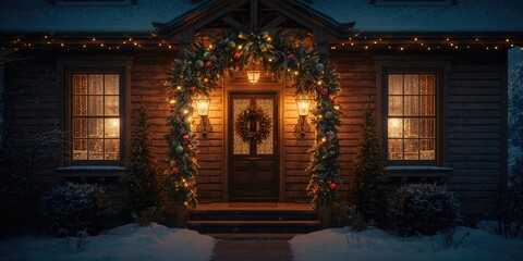 Obraz premium Winter home exterior featuring traditional decor, spruce branches, and cozy lights, holiday season ambiance