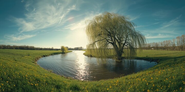 River view during springtime on the Zbruch River near Ukraine border, highlighting natural seasonal transition