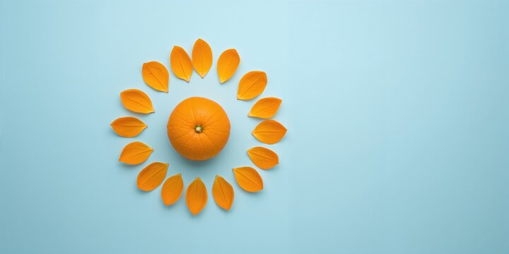 Orange slices arranged in a circular pattern on a blue paste background, suitable for food presentation or design layout - Powered by Adobe