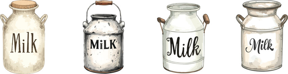 Vintage enamel milk can with wooden handle and "Milk" hand-lettering. Hand-drawn set vector illustration on white in a rustic watercolor style, isolated for dairy labels, farm shop design