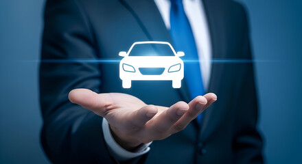 Businessman presenting a glowing digital car icon hovering above his open palm against a dark blue corporate background symbolizing automotive service or insurance protection