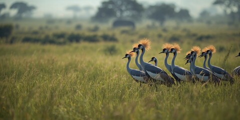 Fototapeta premium Gray crowned cranes in flight, highlighting their distinctive crown feathers and natural habitat, World Wildlife Day