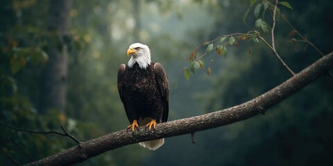Fototapeta premium Closeup of a bald eagle perched on a tree branch, focus and vigilance, wildlife awareness day