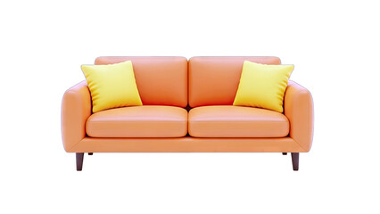 Orange Sofa with Yellow Pillows on White Background