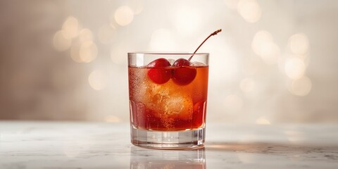 Naklejka premium Close-up of a Manhattan cocktail with cherries on a light background, beverage presentation.