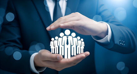 Businessman carefully cradles a white icon representing a diverse team of professionals under his protective hands against a dark blue background symbolizing corporate care