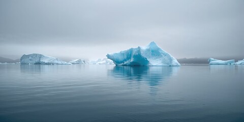 Blue icebergs floating in ocean water, natural glacier ice drift during calm weather