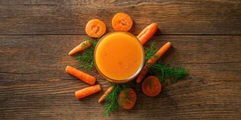 Carrot juice and segments on a wooden surface for healthy beverage preparation, nutrition awareness day
