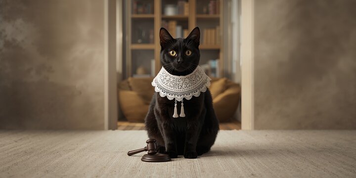 Pet cat in a Ruth Bader Ginsburg costume, highlighting costume play for animals