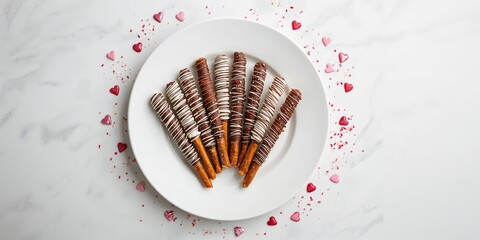 Homemade chocolate covered pretzel rods on a white plate, snack preparation for National Snack Day