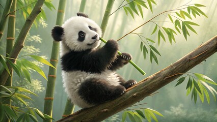 Adorable baby panda eating bamboo in a lush forest