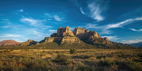 Fototapeta premium Desert mountain scene in summer with vibrant sky and lush greenery, suitable for travel and nature backgrounds
