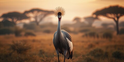Fototapeta premium Grey Crowned Crane with detailed feather patterns in natural habitat, species conservation, World Wildlife Day