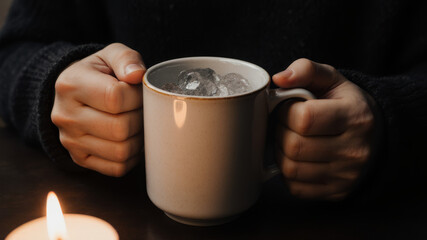 Hands holding mug of hot drink beside candle in peaceful winter setup