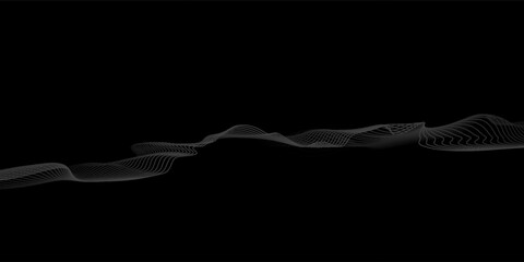 Abstract vector wavy lines flowing smooth curve white light gradient color on black background in concept of technology, science, music, modern. Eps 10