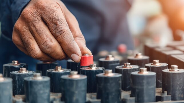 Closeup medium shot of a technician dismantling commercial leadacid batteries for recycling emphasizing safe handling and environmental care.