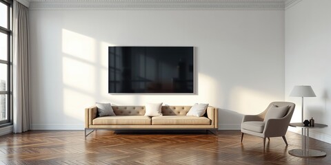 Modern flat screen television attached to a wall in a contemporary living space, media device installation