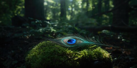 Fototapeta premium Colorful peacock feather amidst green foliage, serving as an eye-catching nature-inspired backdrop