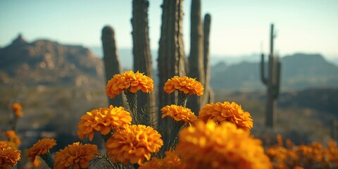 Marigold flowers and tall cacti in a floral display for Dia de Muertos, emphasizing natural materials and cultural symbolism