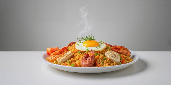 Asian fried rice nasi goreng with chicken, prawns, and fish baso, protein sources and diversity in ingredients
