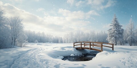 Winter landscape showing a snow-laden forest path crossing a wooden bridge, highlighting seasonal preservation