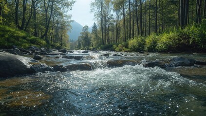 Detailed shot of bubbling water over rocks in a stream, natural flow and sunlight reflections, Earth Day