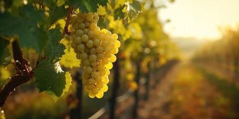 Obraz premium Ripen Riesling white wine grapes on the vine, highlighting harvest period, agricultural activity