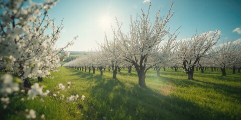 Obraz premium Apple trees in full blossom during spring in a lush garden, suitable for background use, Earth Day
