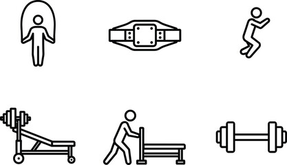 Fitness and Gym Training Icons Set, Workout Equipment, Dumbbell, Barbell on Bench, Skipping Rope, Champion Belt, Jumping, Sport, Exercise, Health, Active Lifestyle, Vector, Collection, Illustration.